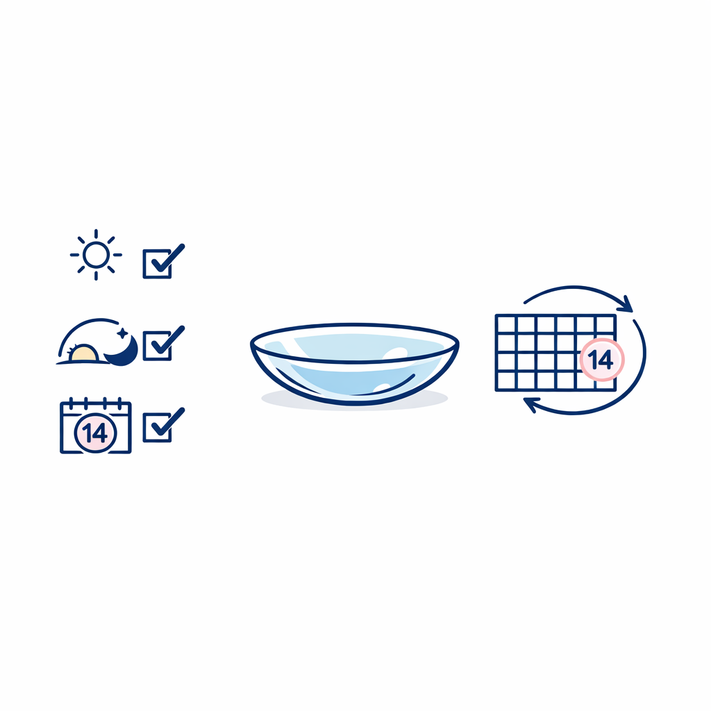 A simple checklist pairs contact lens comfort cues with a realistic two-week replacement routine.