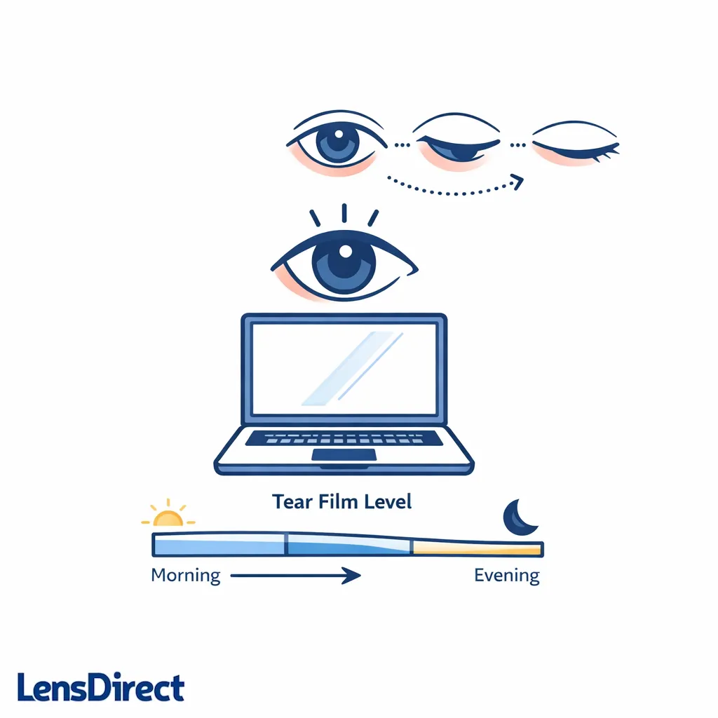 A laptop and eye graphic explains how reduced blinking during screen use can lead to redness.