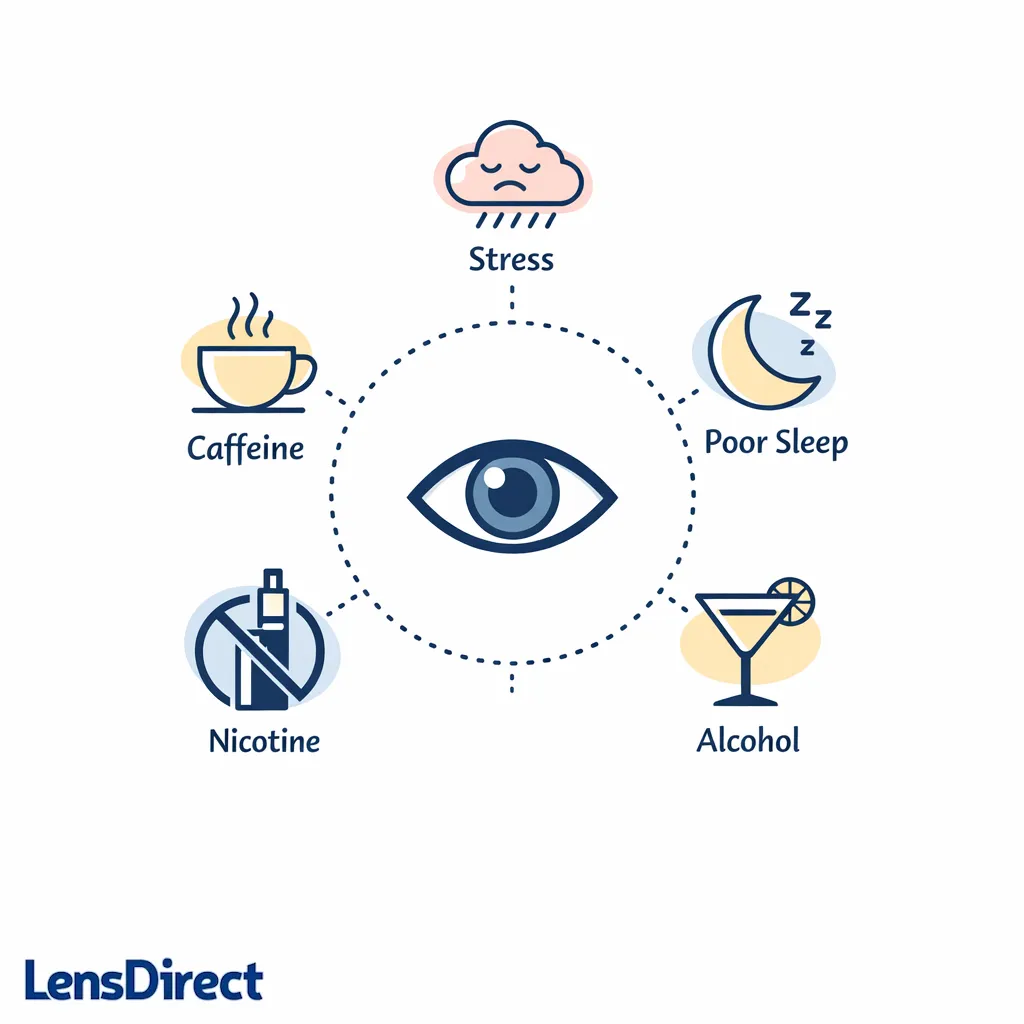 A simple trigger wheel links stress, poor sleep, caffeine, alcohol, and nicotine to eyelid twitching.