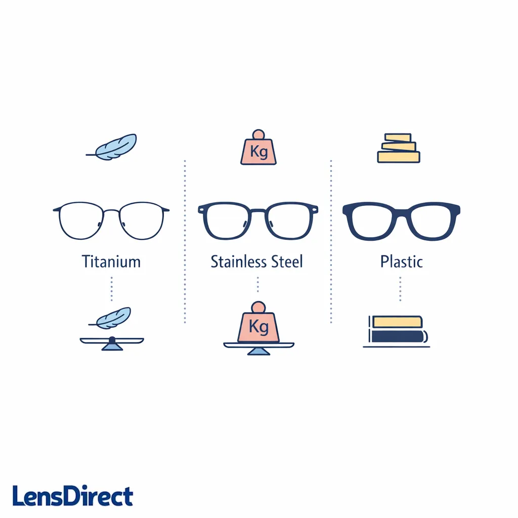 A clean comparison shows titanium frames against steel and plastic for weight and style feel.