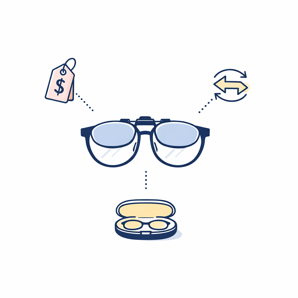Icons for savings, easy switching, and lighter travel surround a central pair of glasses.