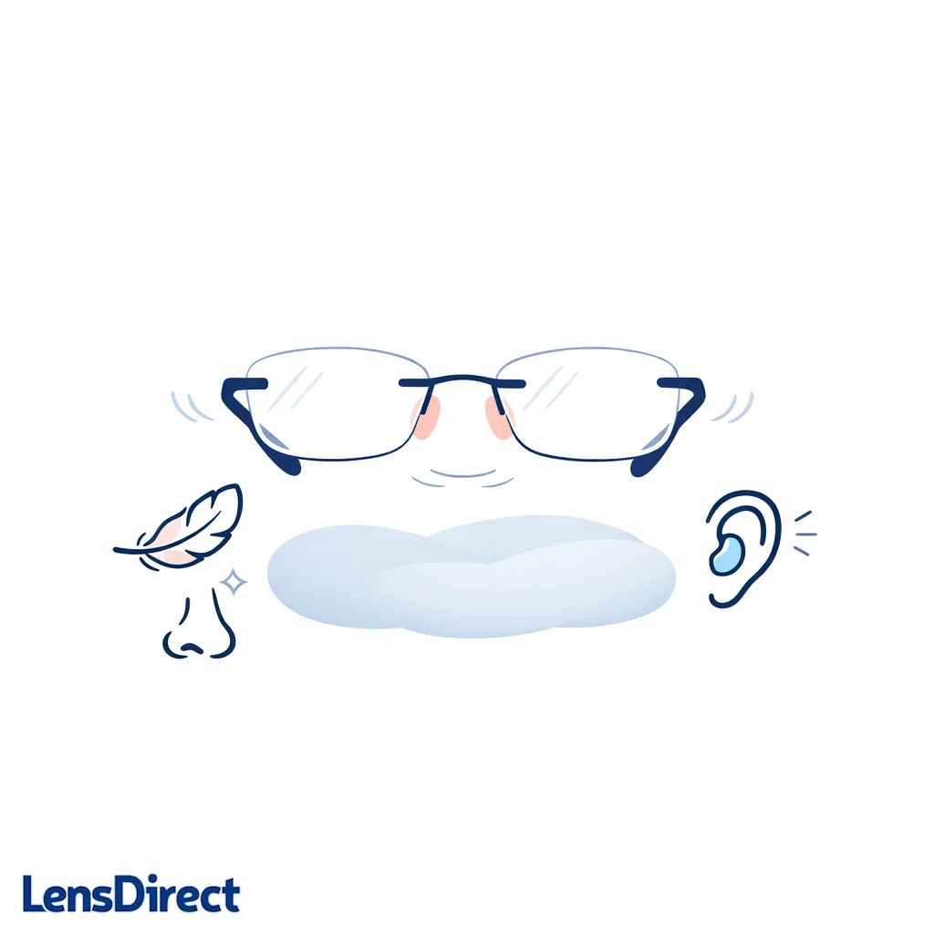 Centered line-art glasses floating above a soft cushion-like cloud to suggest lightweight comfort.
