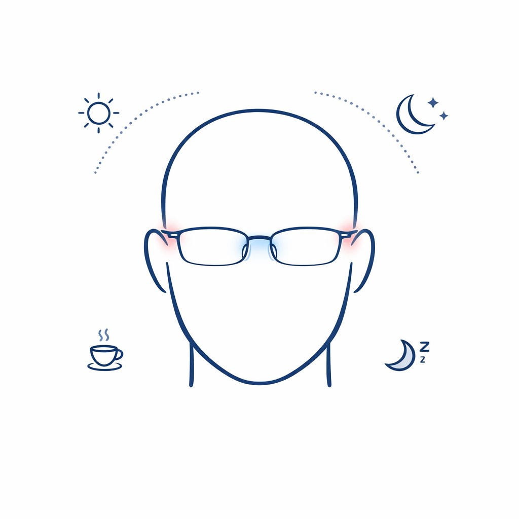 A face outline with glasses and soft pressure markers illustrates reduced nose and temple strain.