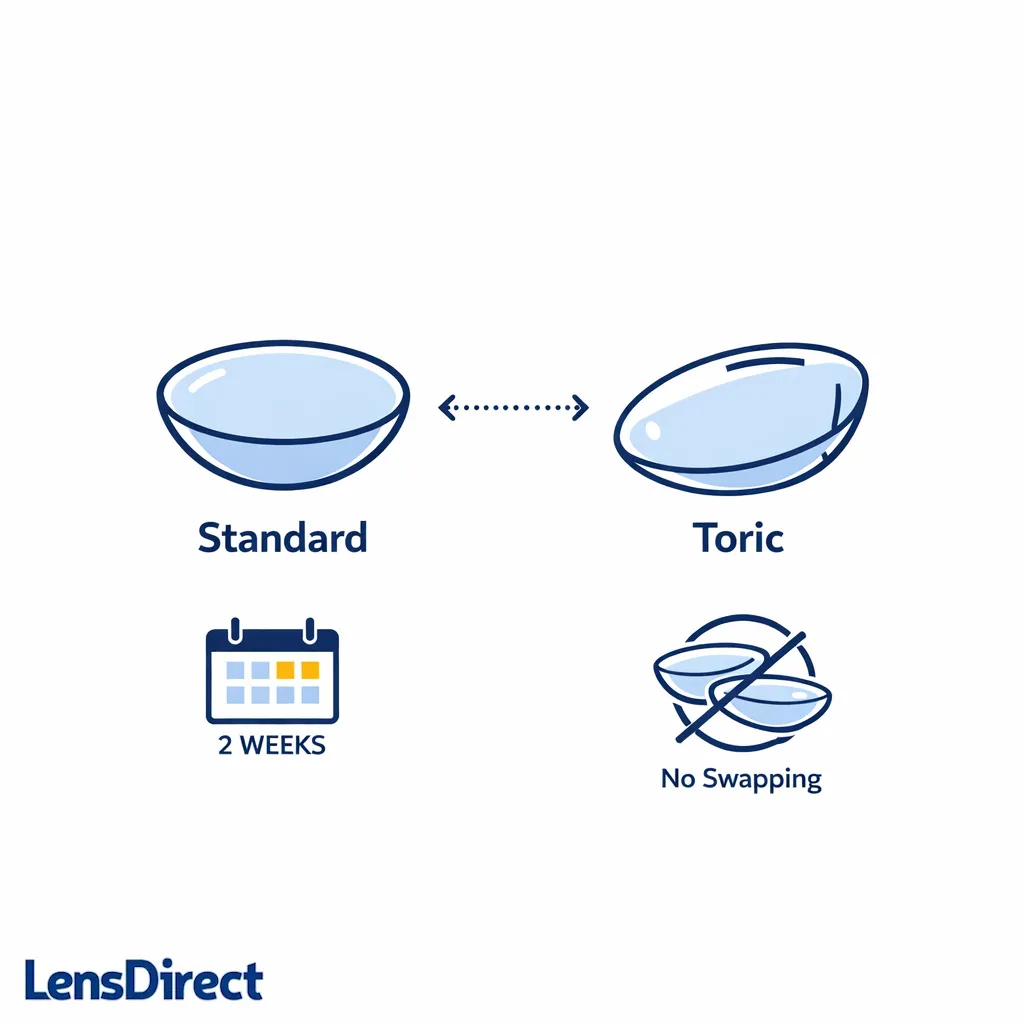 A toric lens diagram shows why astigmatism needs a prescription-specific two-week option.
