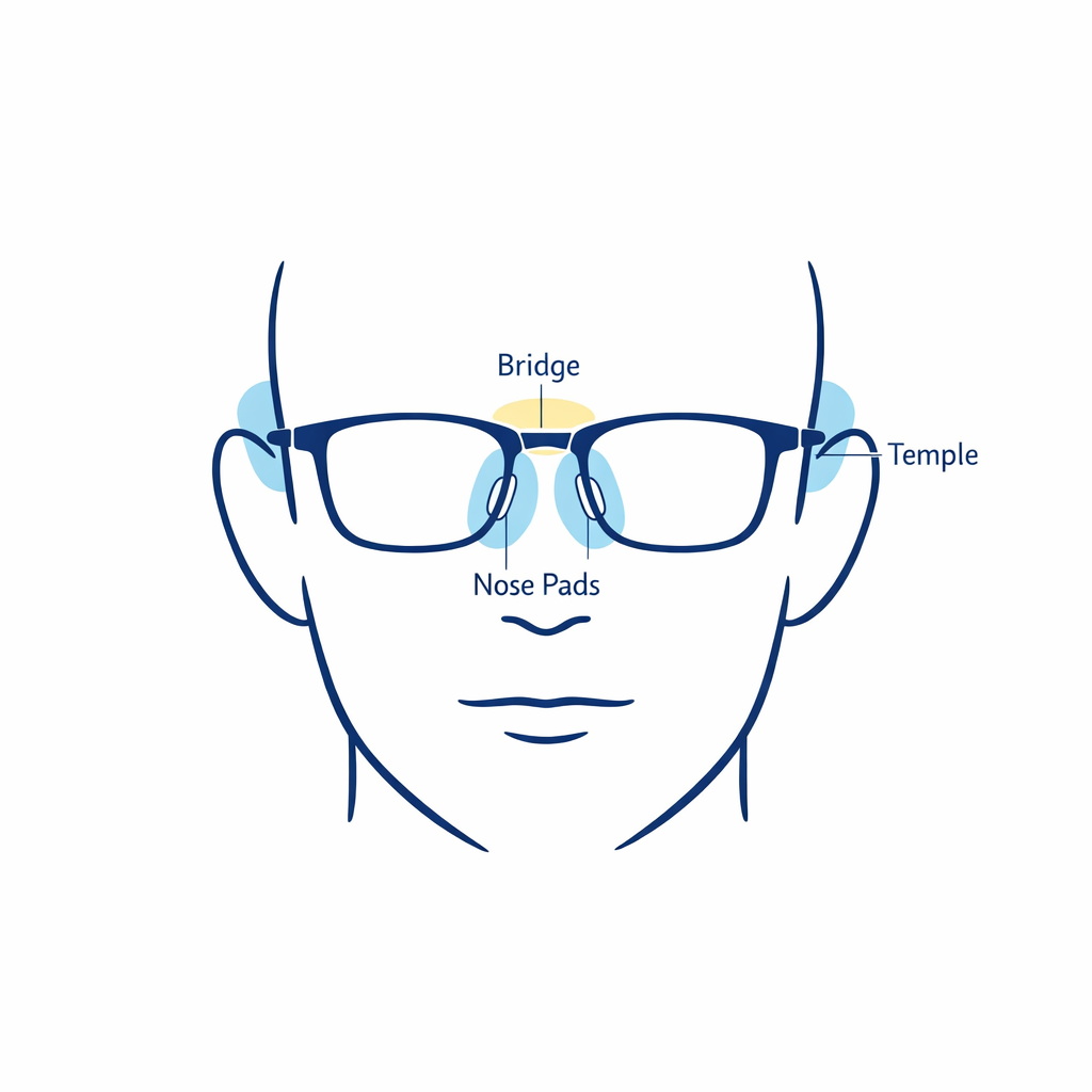 A pair of glasses aligns neatly with a face outline to emphasize bridge and ear fit.