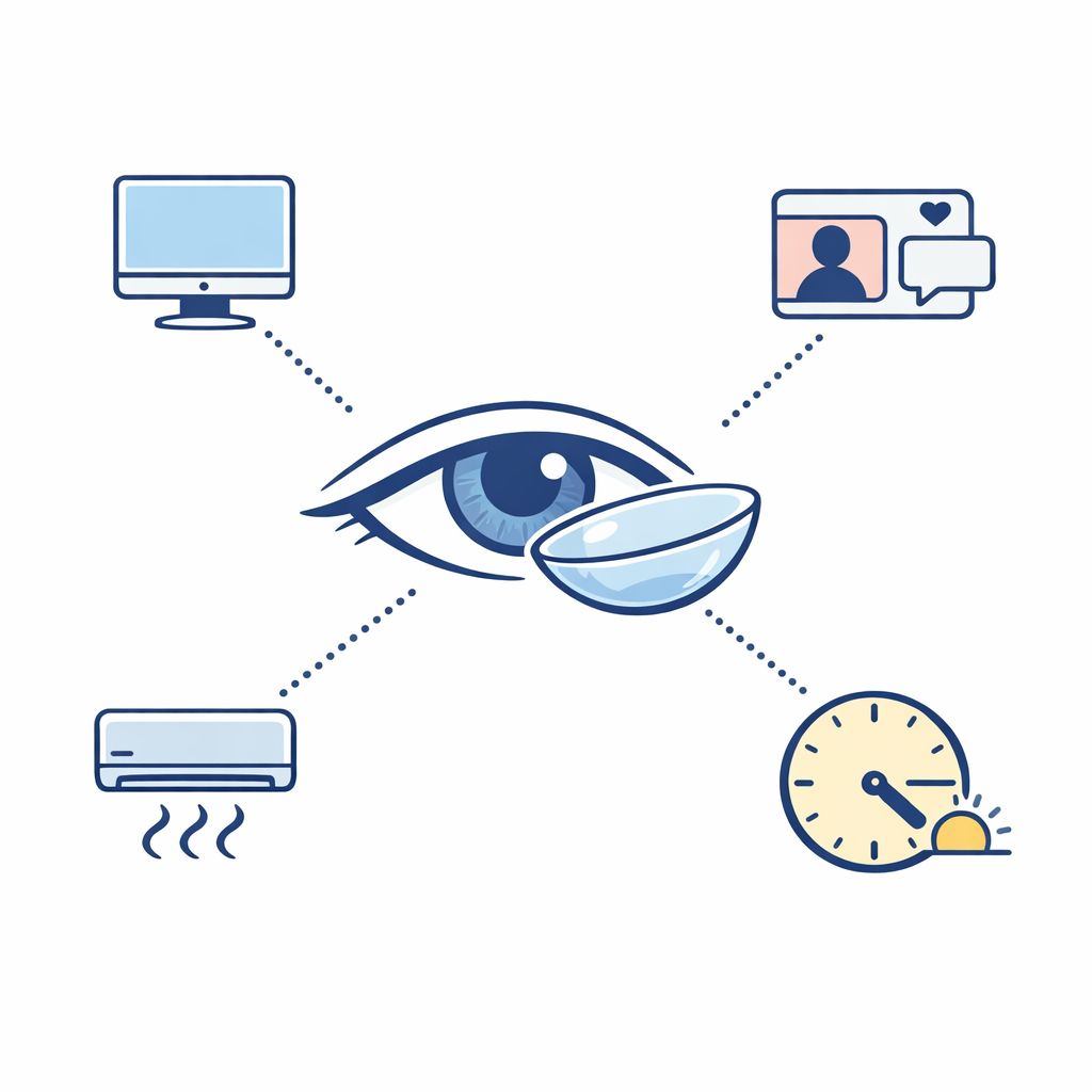 An eye and contact lens diagram sits beside screens and airflow icons to suggest late-day comfort factors.