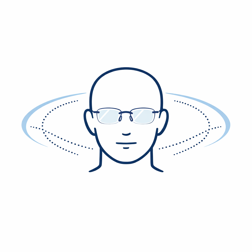Minimal face outline wearing rimless glasses with wide unobstructed vision arcs around the lenses.