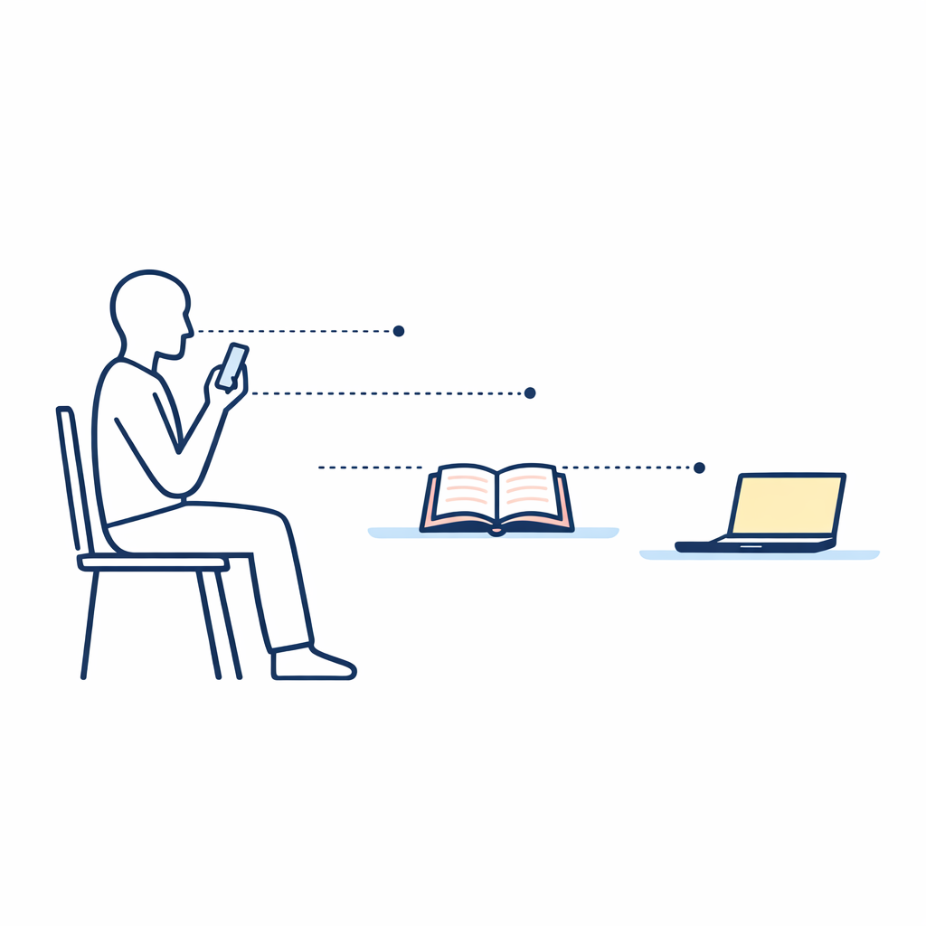 Three near tasks at different distances show why phone, book, and laptop may need different reader strengths.