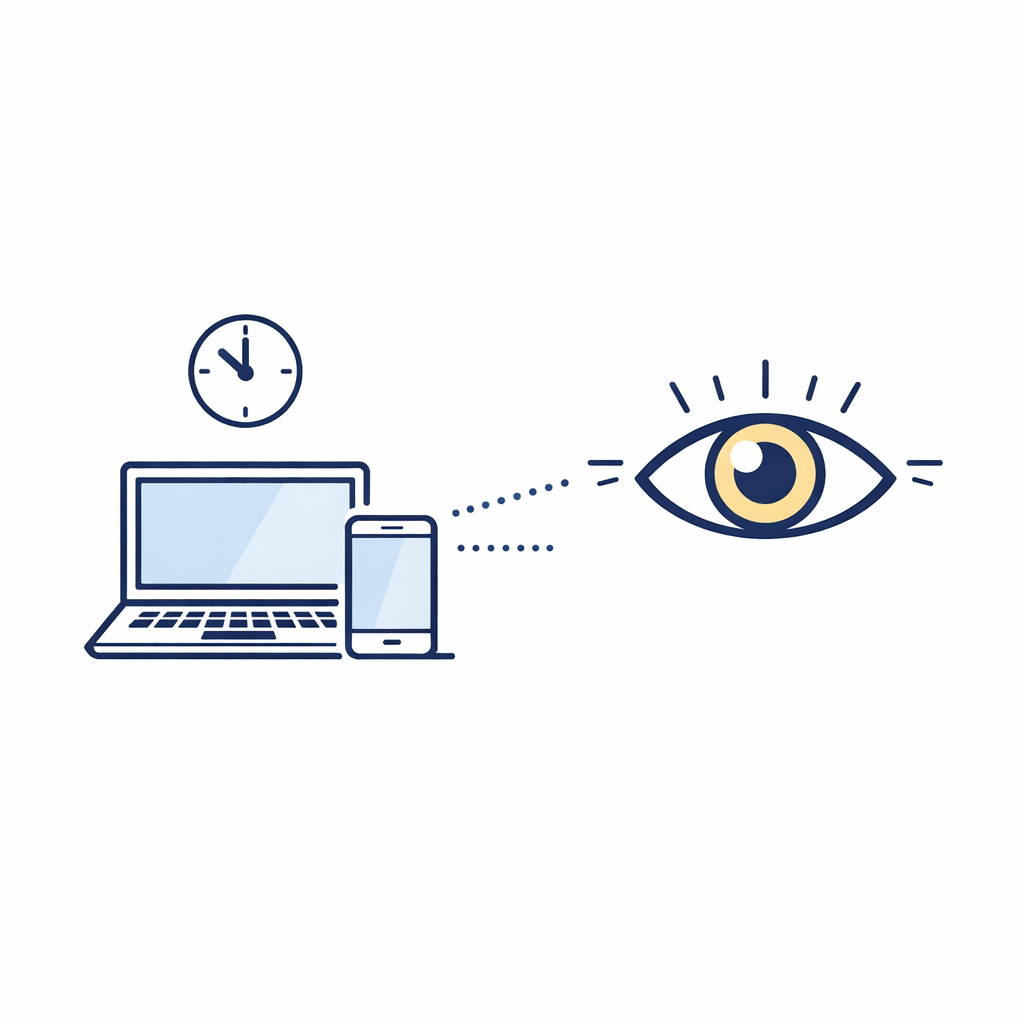 A laptop and phone face a blinking eye icon to illustrate digital eye strain from long screen days.