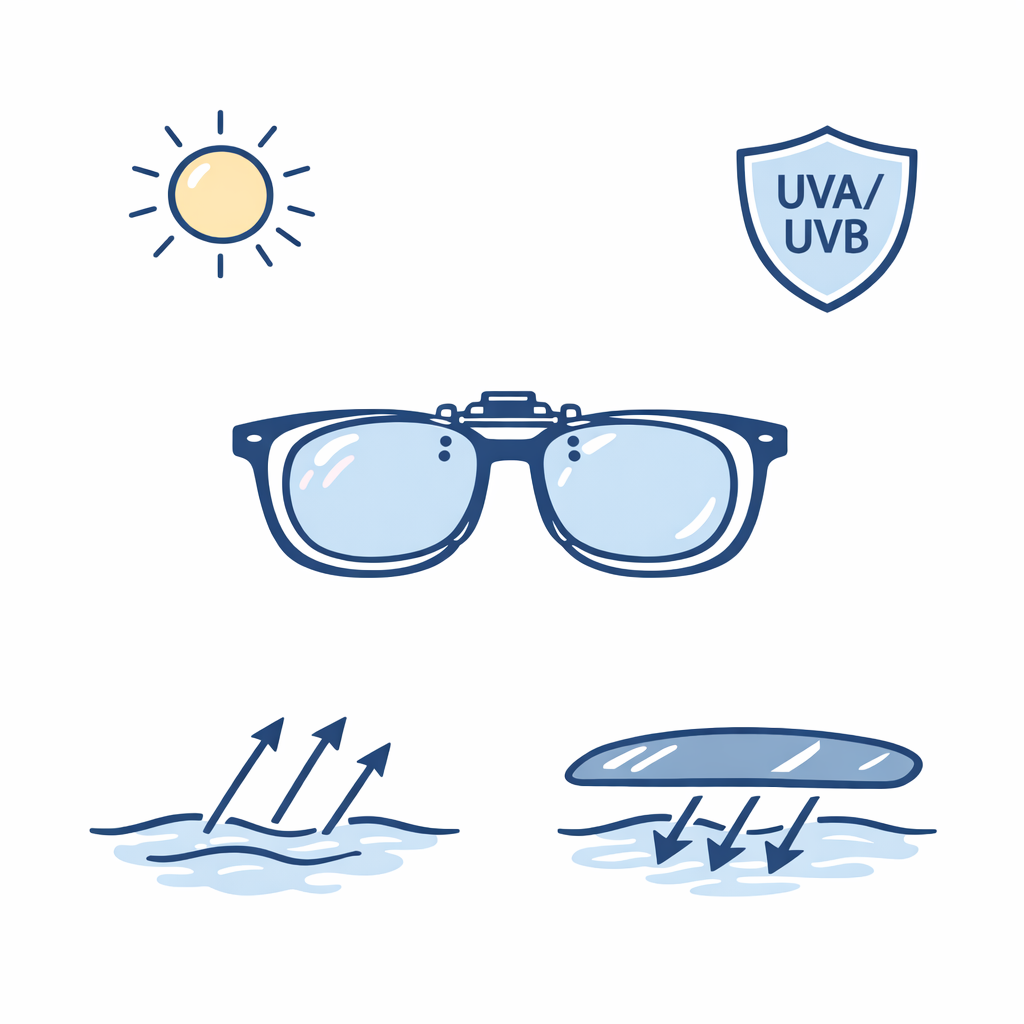 A sun icon, UV shield, and reflective glare lines explain protection features in a clean diagram.