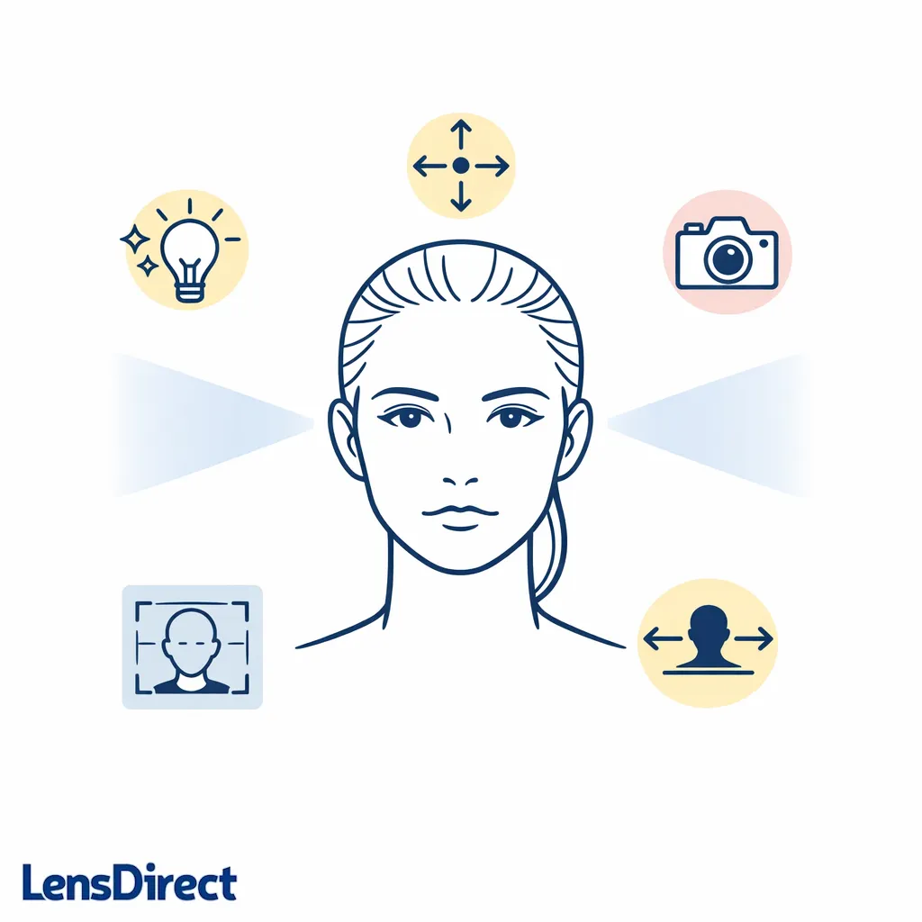A simple portrait guide shows even lighting, straight posture, and hair pulled back for a clearer scan.