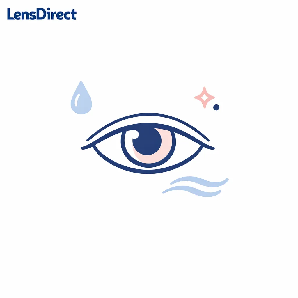A line art eye with a teardrop and gritty sparkle icons highlights dryness and irritation as common clues.