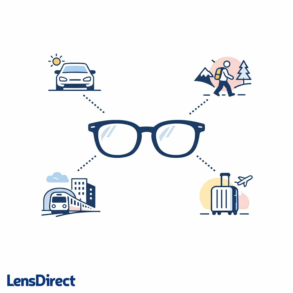 Simple icons for driving, walking, commuting, and travel orbit a pair of glasses with sun clips.