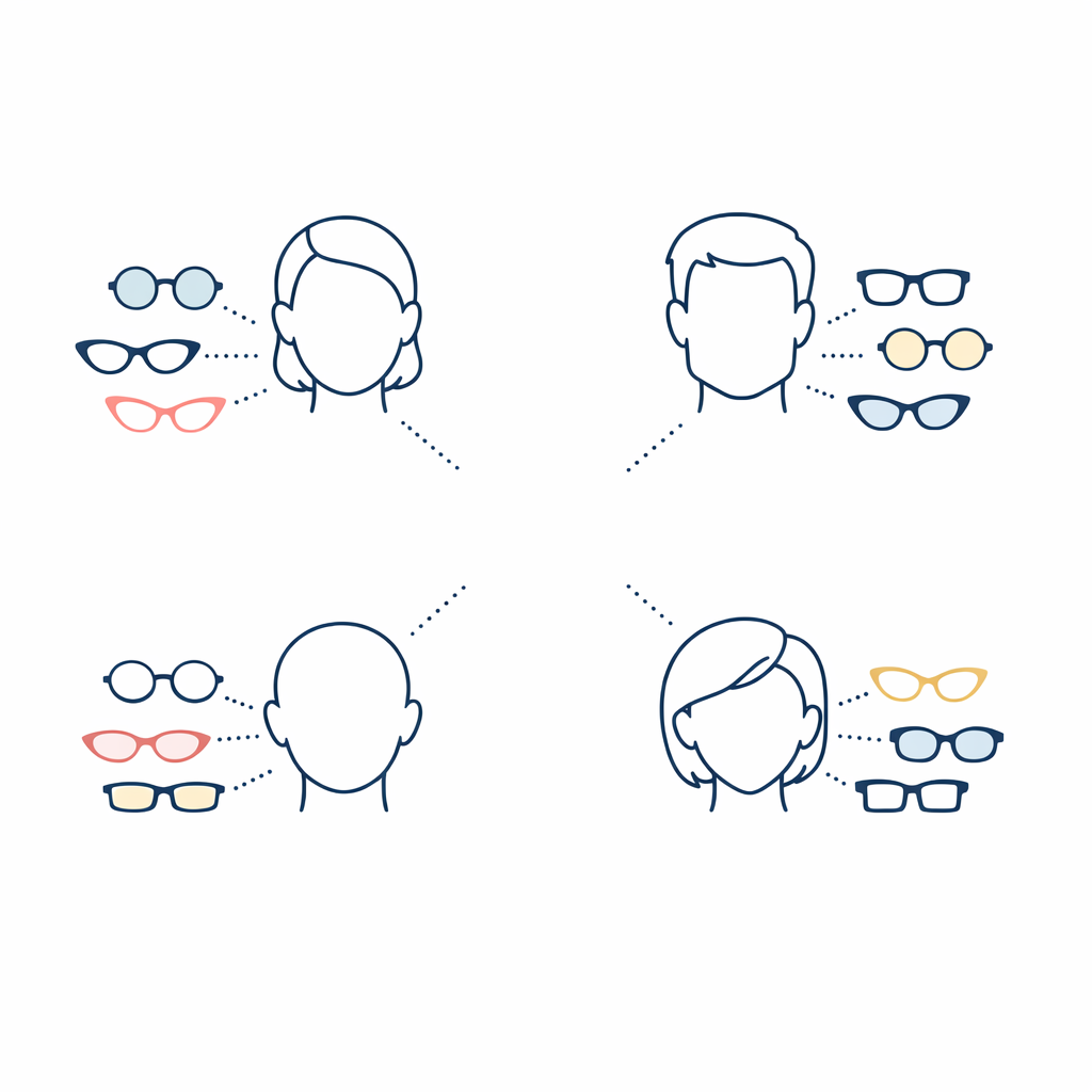 Four simplified face outlines connect to a few frame shapes without claiming a perfect match.