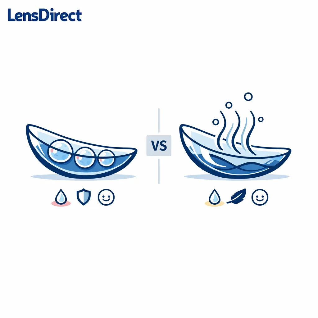 Two lens cross-sections compare different moisture approaches with simple droplets and material lines.