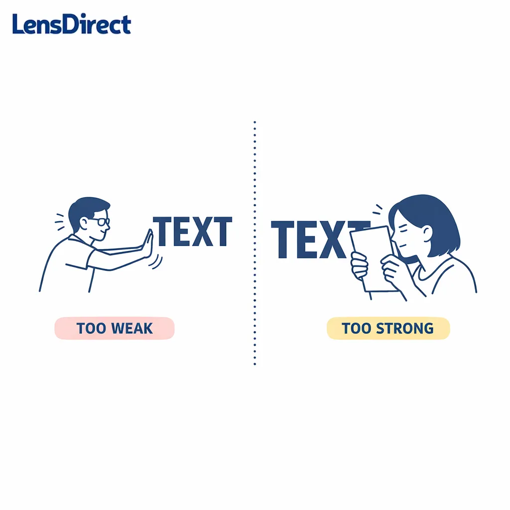 A split visual contrasts squinting at far-held text with text held too close for overly strong readers.