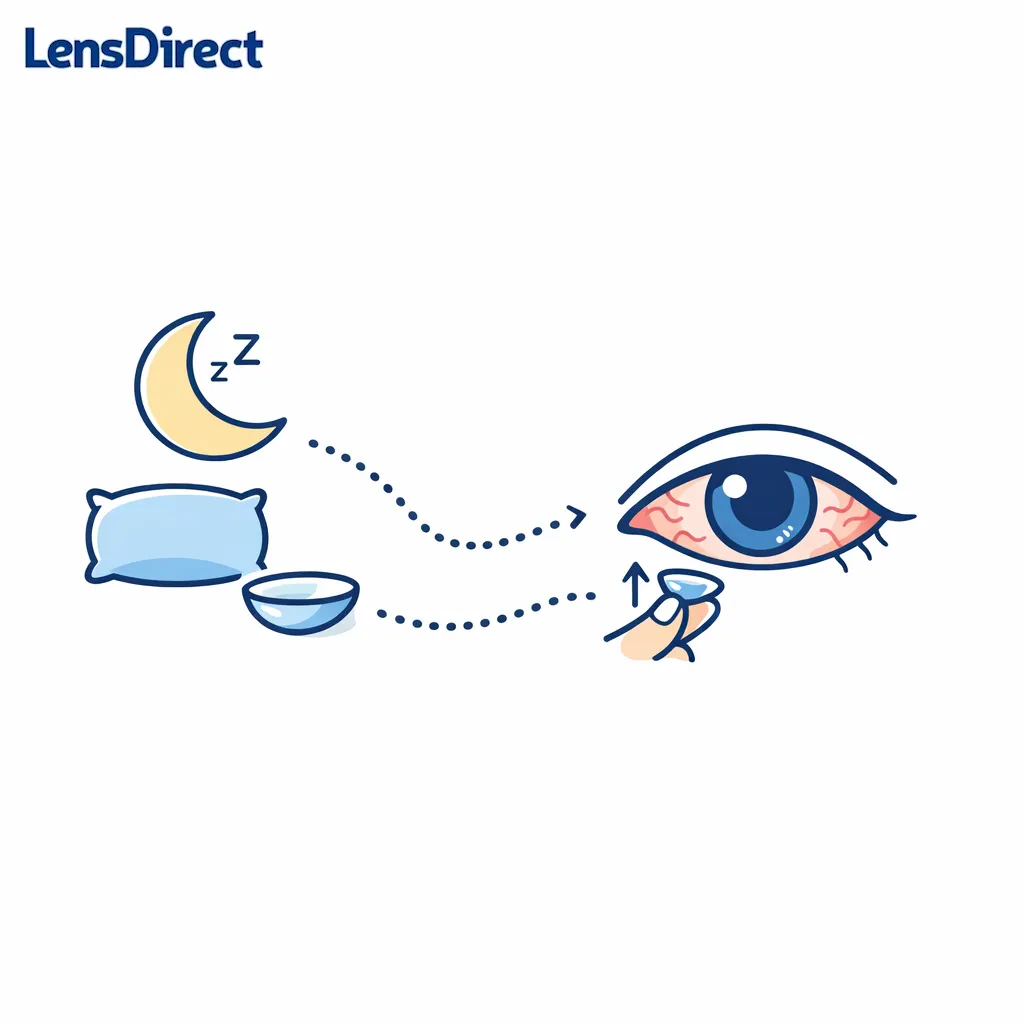 A moon, pillow, and contact lens illustrate why overnight wear can lead to an irritated red eye.