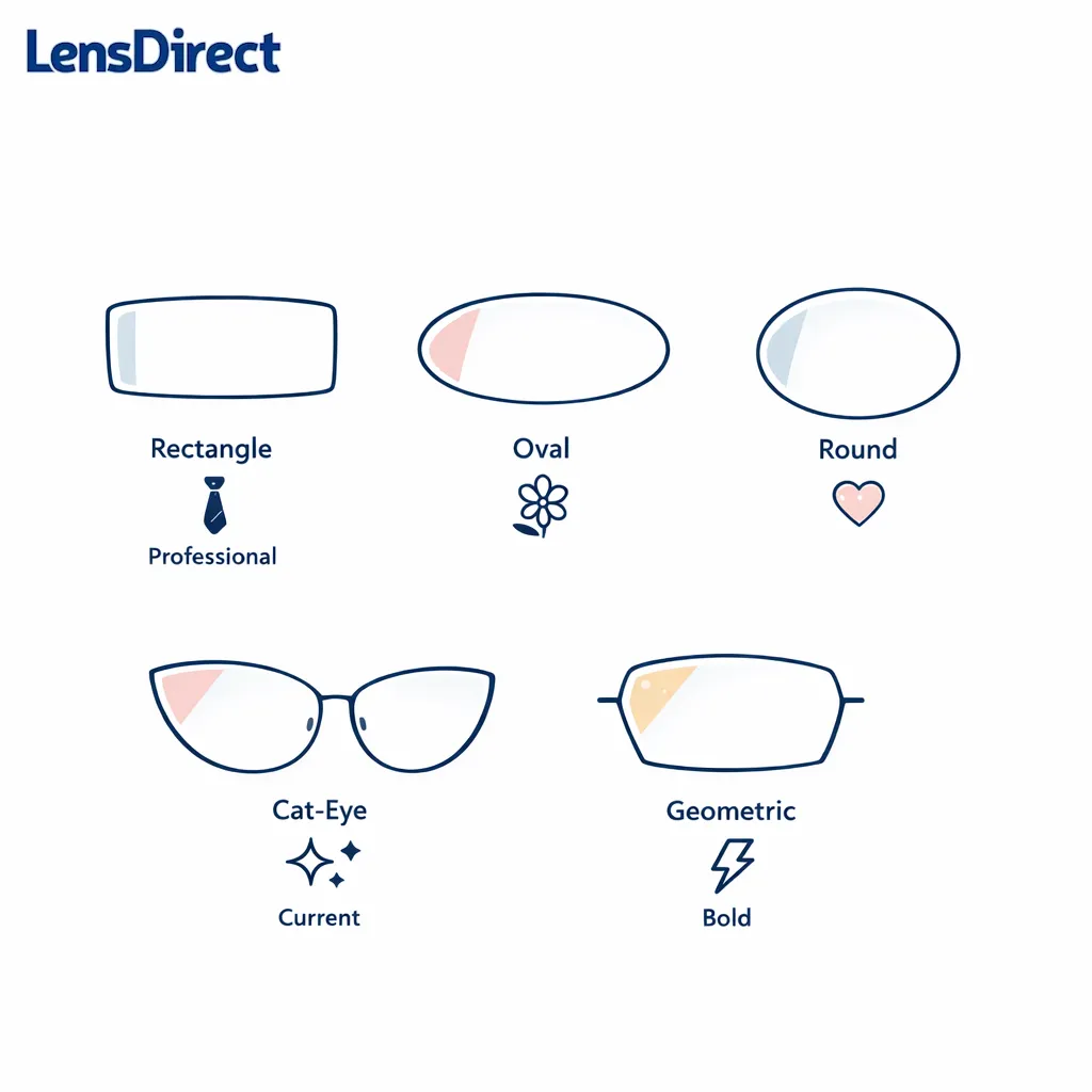 Five rimless lens shapes arranged like a style menu from oval to geometric.