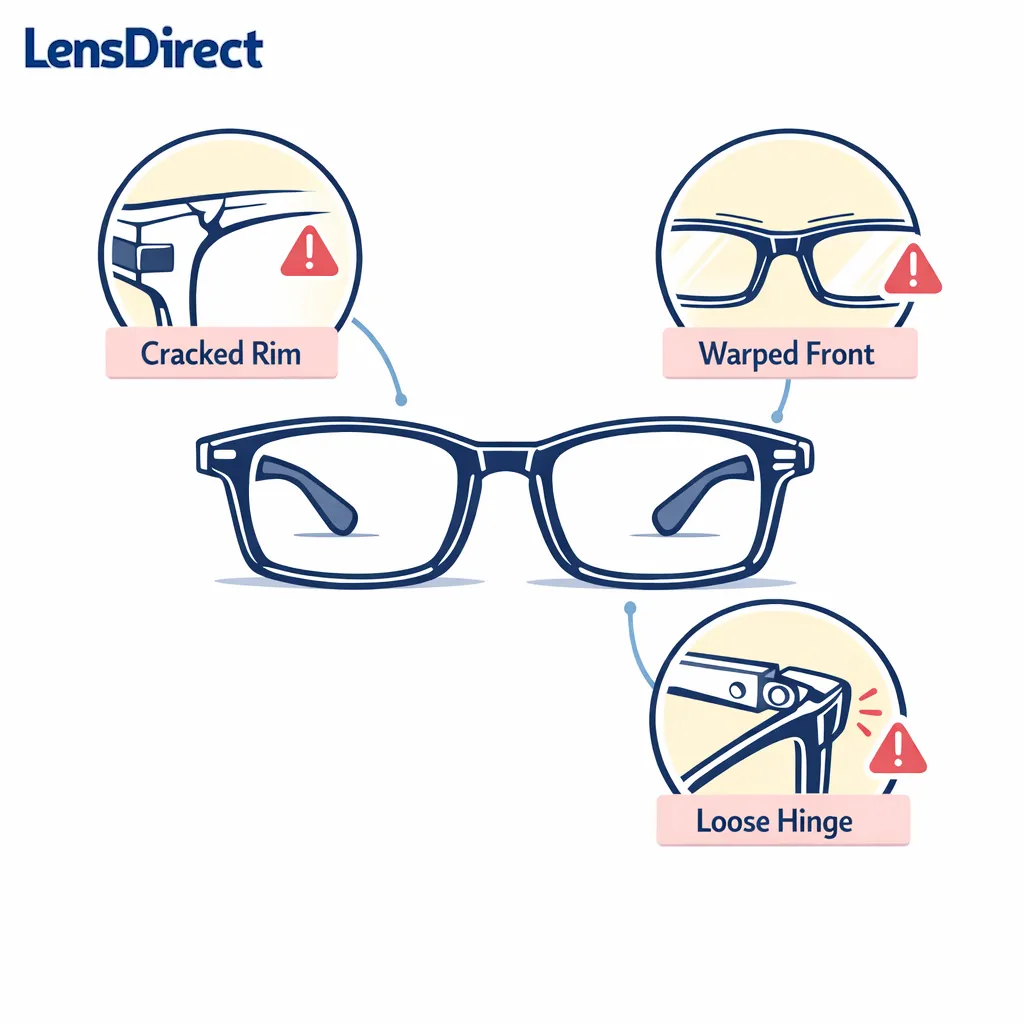 Cracks, warped rims, and loose hinges are flagged in a simple frame inspection diagram.