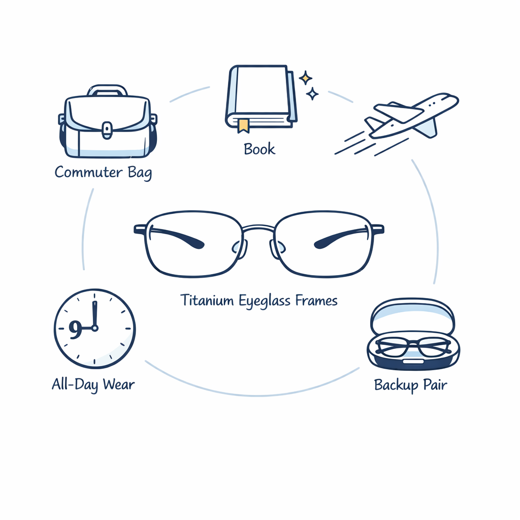 Five simple icons show commuters, readers, travelers, daily wearers, and backup-pair users.