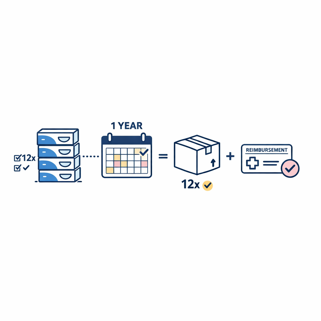 A clean budgeting diagram compares yearly box counts, shipping, and reimbursement with simple icons.