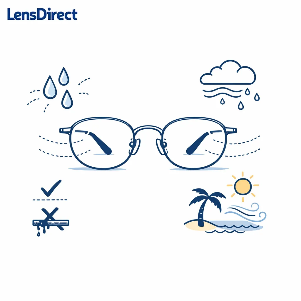 A titanium frame resists sweat and moisture in a clean diagram with droplets and airflow.
