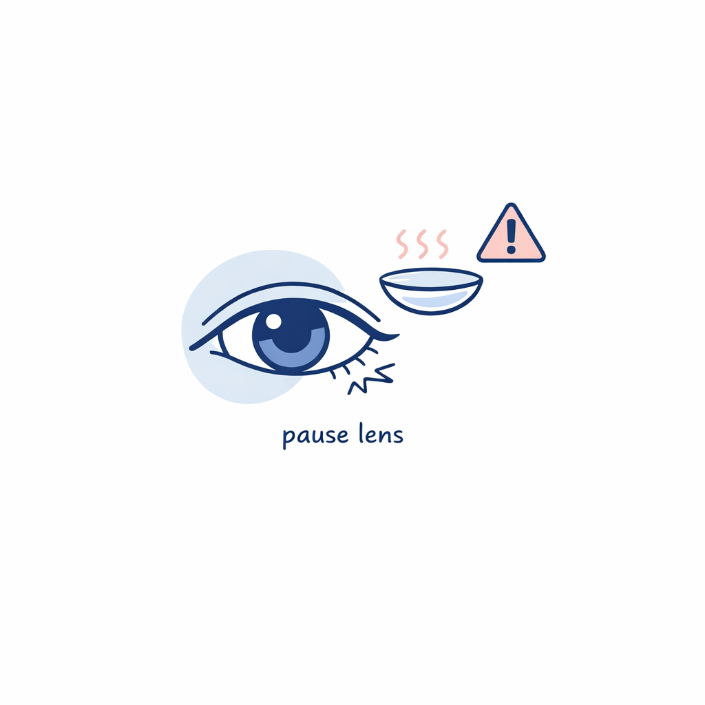 A contact lens beside an irritated eye icon suggests pausing a dry or scratchy lens and seeking guidance.