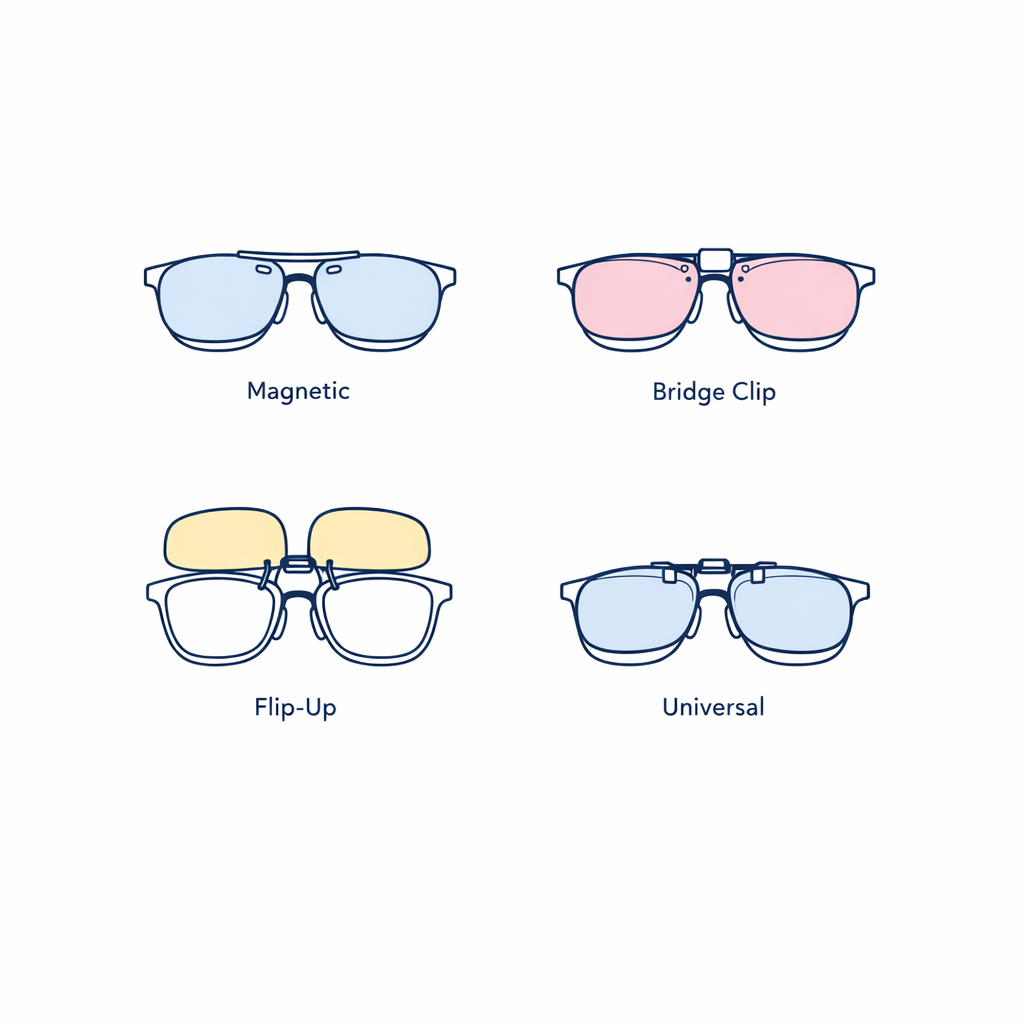 Magnetic, clip, flip-up, and universal styles appear as four distinct eyewear diagrams.