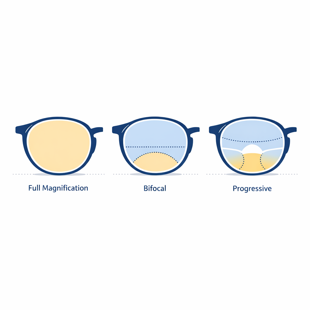Three lens styles are shown side by side with simple zones for full, bifocal, and progressive readers.
