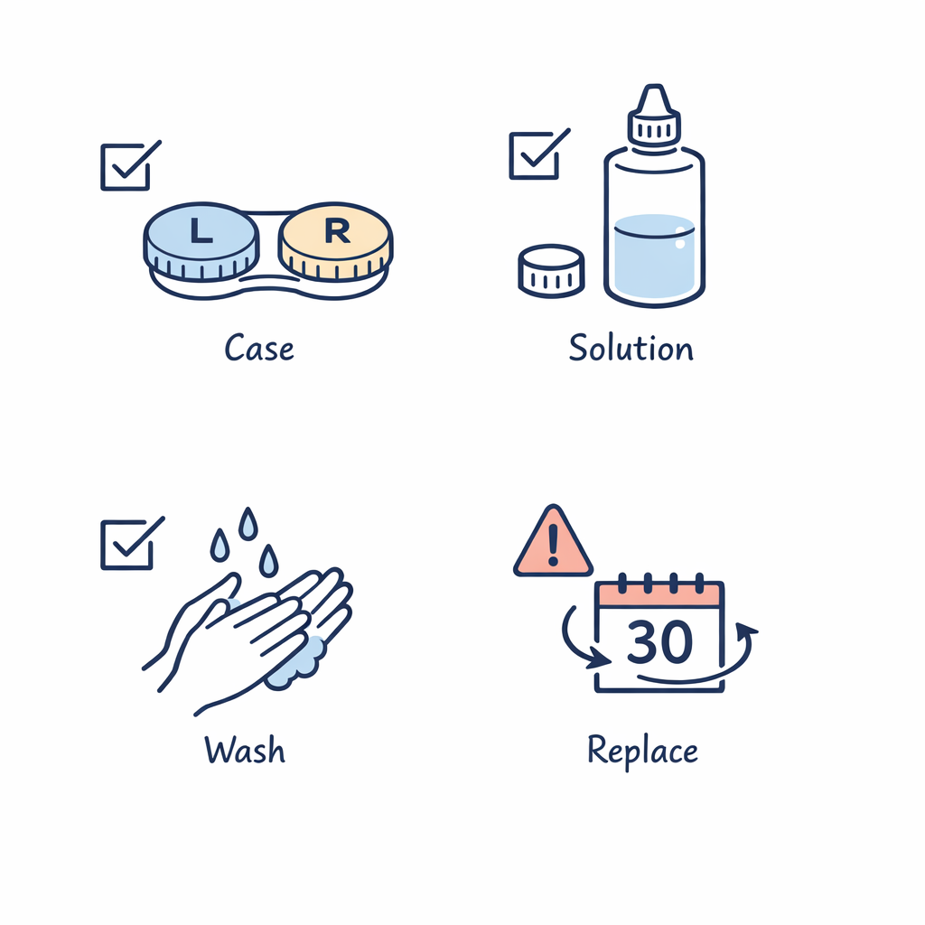 A clean checklist with lens case and solution icons highlights simple hygiene habits tied to eye comfort.