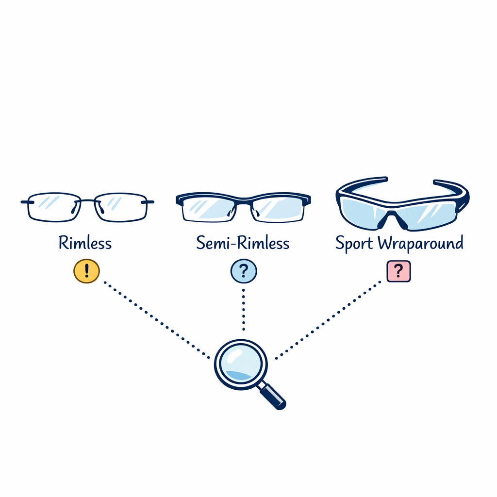 Rimless, semi-rimless, and curved frames are shown as styles that need extra review.