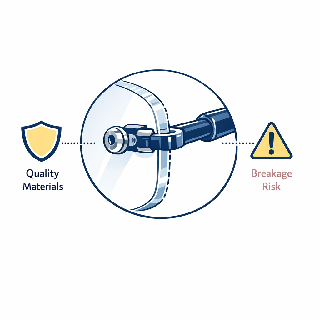 Close-up line-art lens edge with a small shield icon on one side and impact caution on the other.