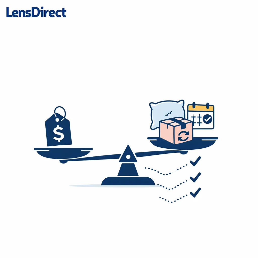 A cost graphic compares box price, replacement timing, and reorder ease for better lens value.