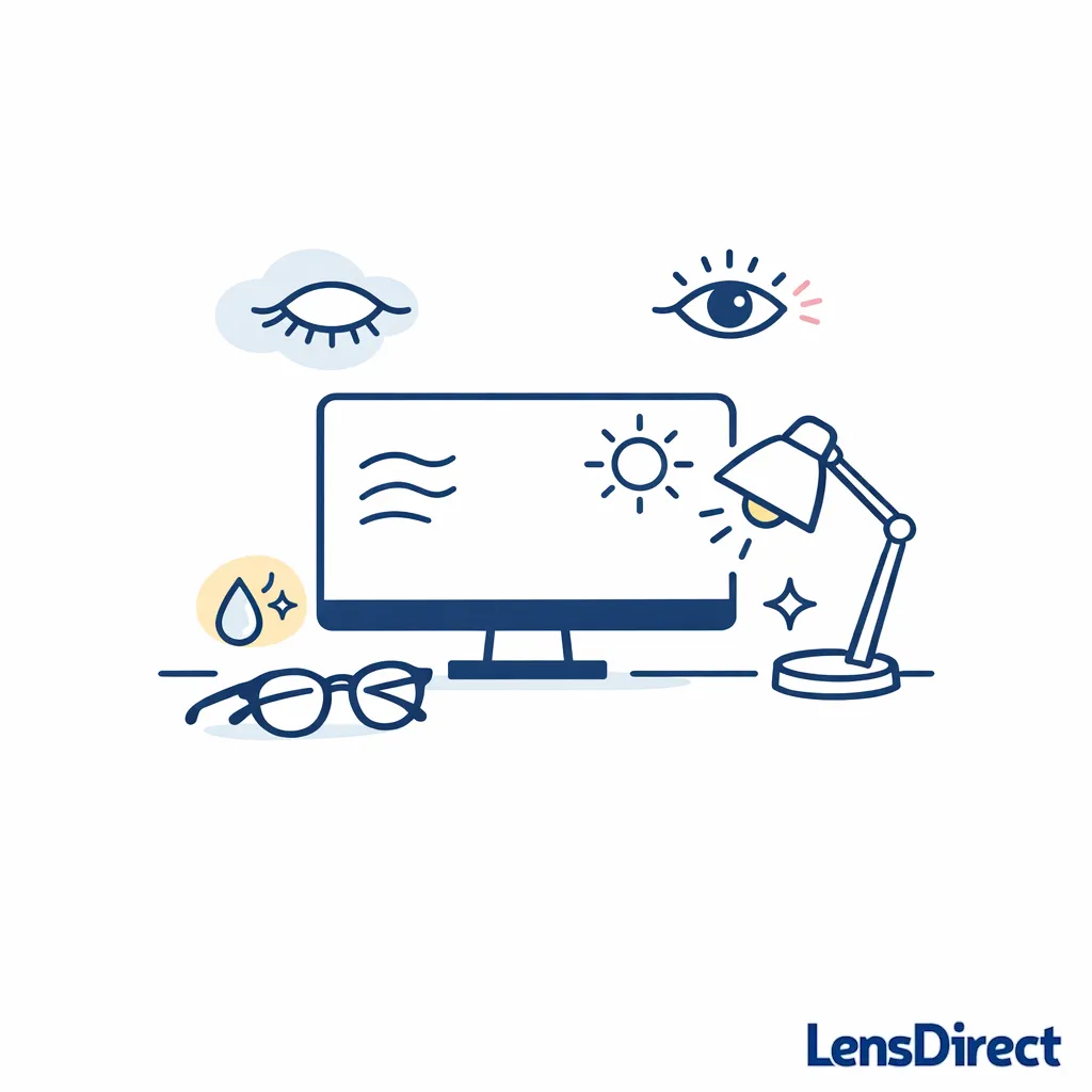 A computer setup highlights screen glare, dry-eye cues, and reader strength as factors beyond blue light.
