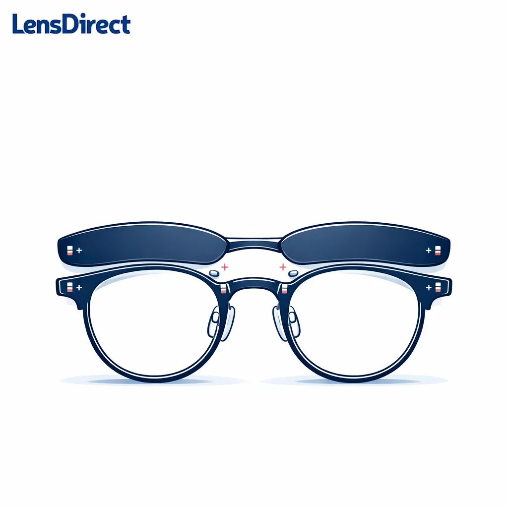 A matched magnetic sun front snaps neatly onto glasses in a polished close-up diagram.