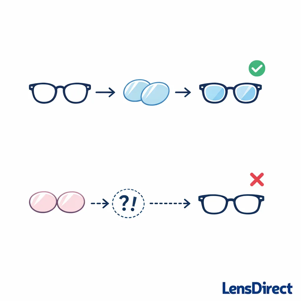 A clear diagram distinguishes fresh lenses for your frame from moving old lenses into another frame.