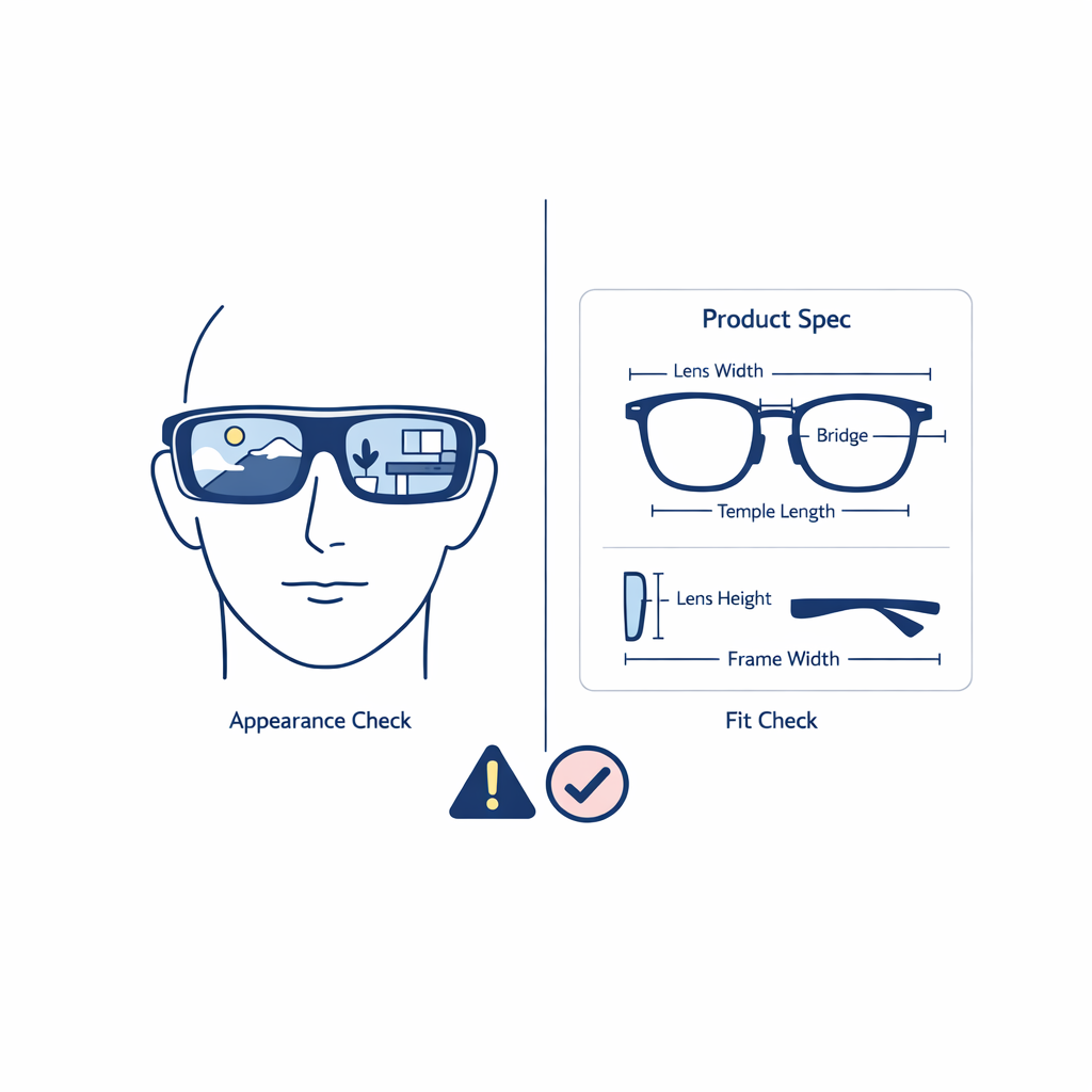 An attractive on-screen frame preview is contrasted with a separate fit-check measurements panel.