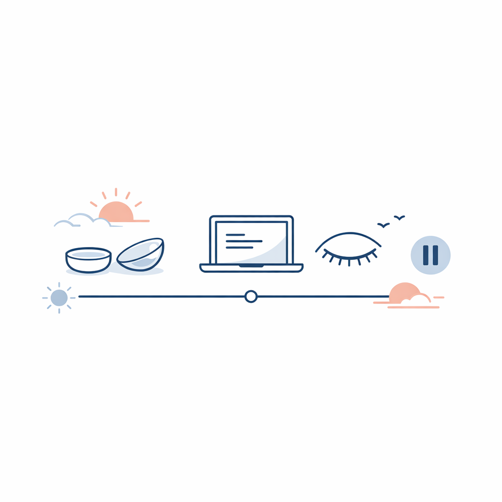 A laptop icon and contact lens show how long screen days can affect end-of-day comfort.