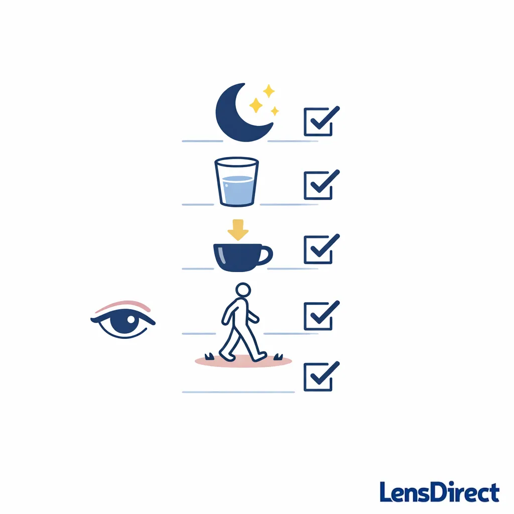 A neat checklist pairs sleep, water, less caffeine, and calmer routines with a small eye icon.