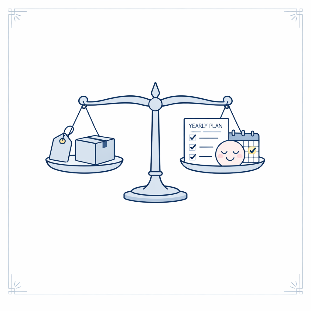 A price tag and yearly checklist balance on a scale to show box price versus long-term value.