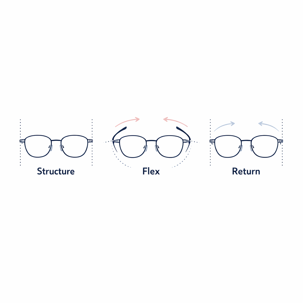 Three frame poses illustrate firm structure, flexible temples, and recovery after bending.