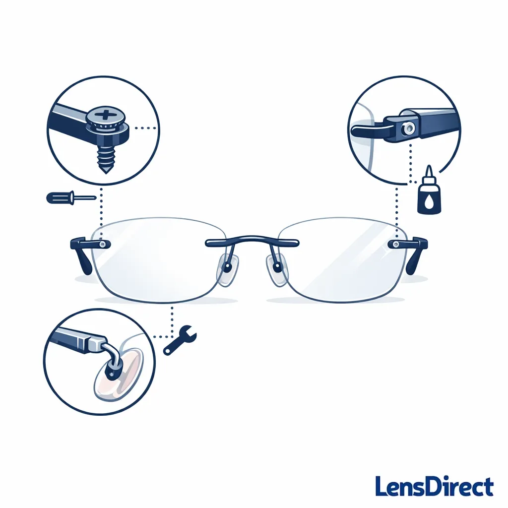 Minimal diagram highlighting screw, hinge, and mount points on rimless glasses with caution markers.