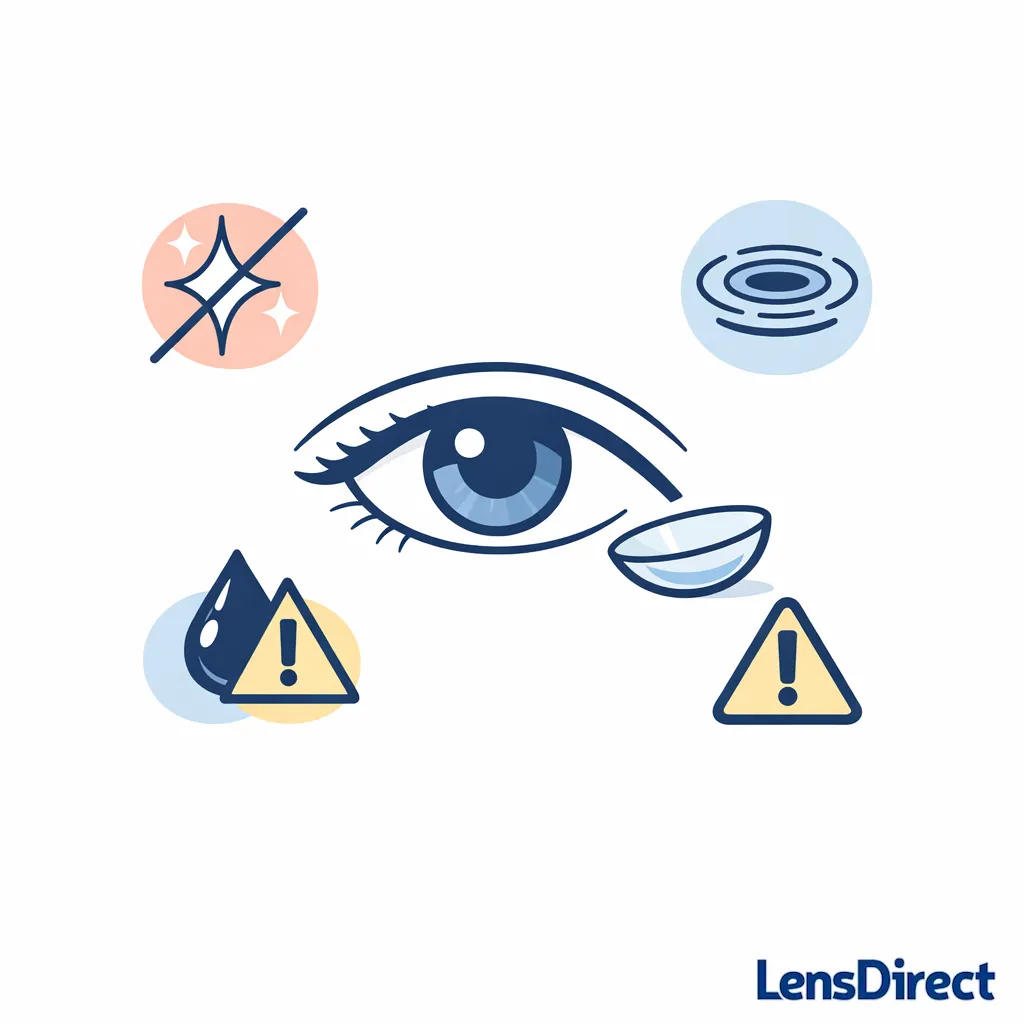 An eye, contact lens, and warning icons emphasize pain, blur, and discharge as urgent signs.