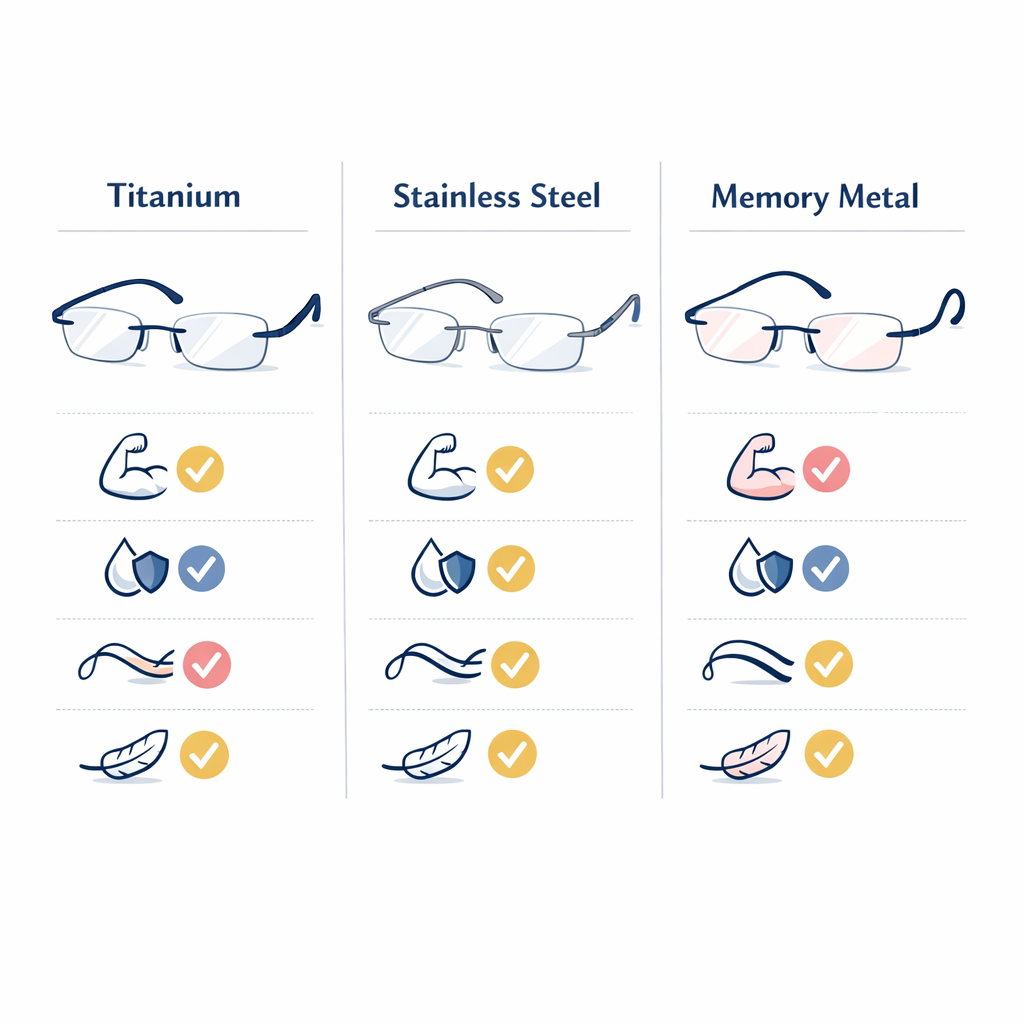 Comparison chart of titanium, stainless steel, and memory metal with simple strength and flexibility icons.