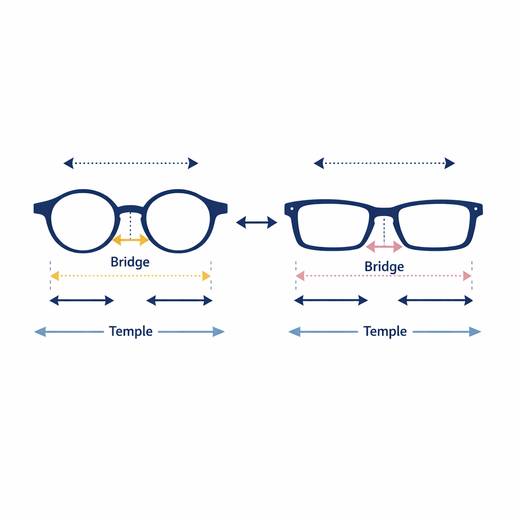 A favorite pair of glasses is compared against a new frame using clear size markers.