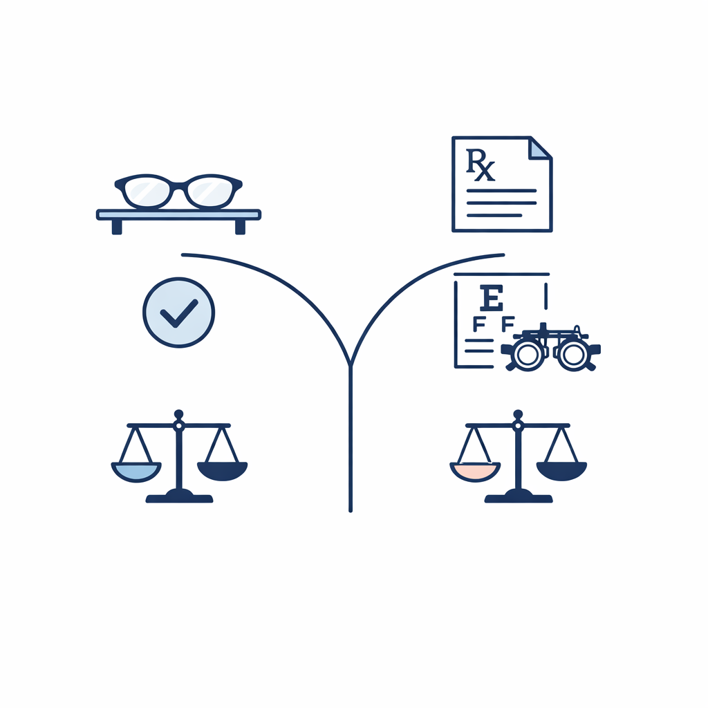 Two paths compare convenient OTC readers with a customized prescription option in a clean decision layout.