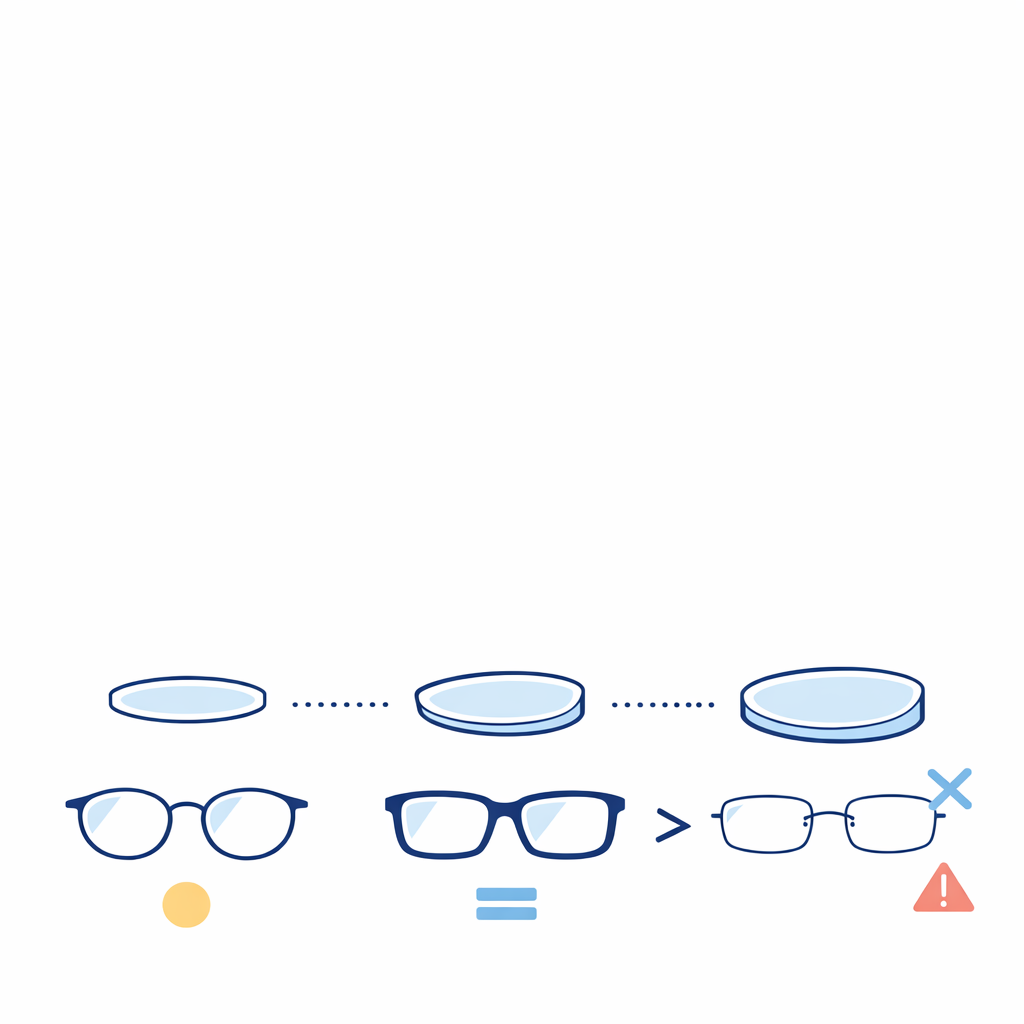 Lens thickness is compared across prescriptions to show why some frames work better than others.