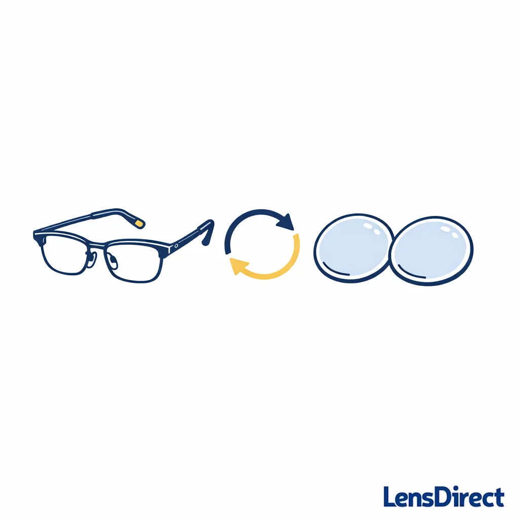 A sturdy frame beside a fresh lens pair suggests replacing lenses instead of buying new glasses.