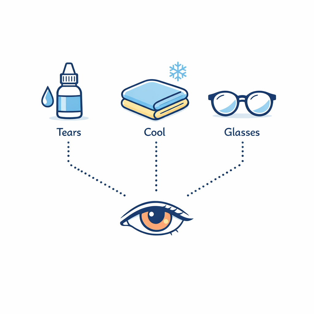 Artificial tears, a cool compress, and glasses present simple first-step relief options for red eyes.