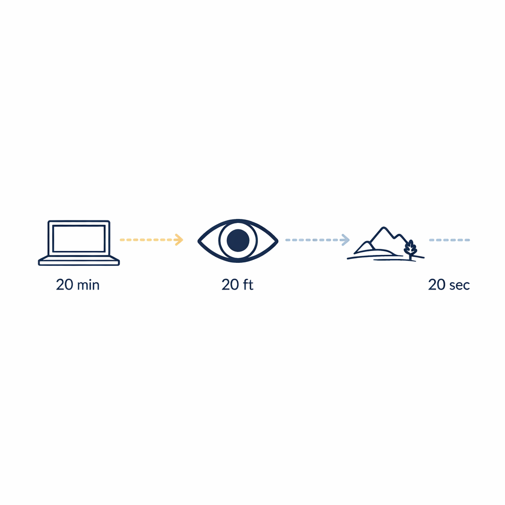 A simple screen break diagram shows every 20 minutes looking 20 feet away for 20 seconds.